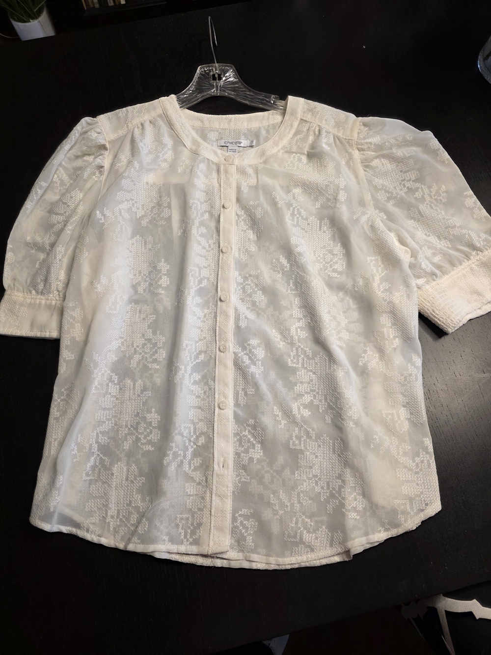 Chico's Cream Embroidered Button-Front Top